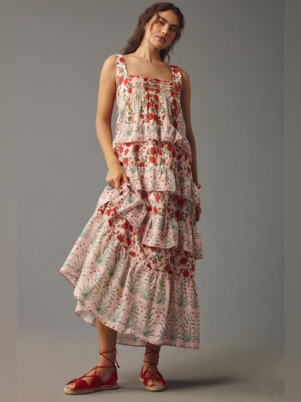 Anthropologie Sleeveless Square-Neck Tiered Midi Dress - Pink Combo